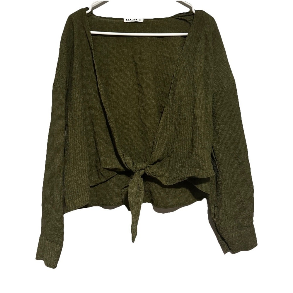 CLOZOZ Women's Olive Green Crinkle Tie Front Blouse‎ Long Sleeve Button Cuff S